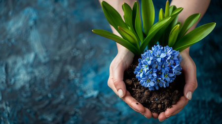 Blue hyacinth in female hands with soil on blue background. Spring concept.の素材