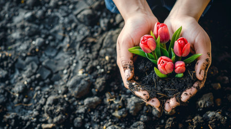 Hands holding tulip seedling in soil. Gardening conceptの素材
