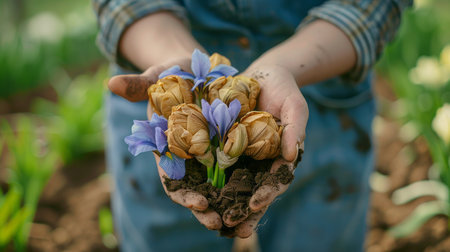 Close-up of female hands holding spring crocus flowers in soilの素材