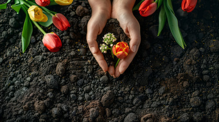cropped view of woman holding tulips in soil on black backgroundの素材