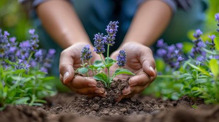 Close up of female hands planting a lavender flower in the gardenの素材
