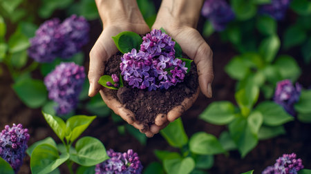 Cropped image of female hands holding soil with purple lilac flowersの素材