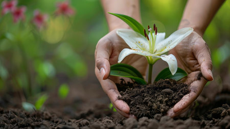 Female hands holding white lily flower growing in the soil with blurred backgroundの素材