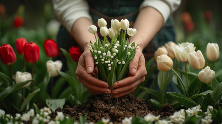 Female hands holding bouquet of white tulips in the garden.の素材