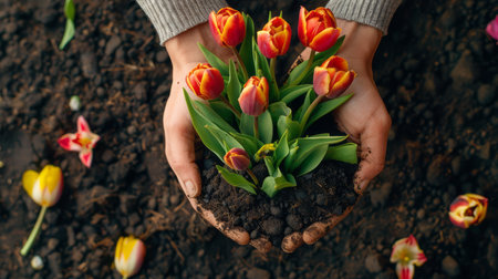 Female hands holding tulip flowers in soil, top view. Gardening conceptの素材