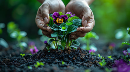 Gardening and agriculture concept. Cropped shot of female hands planting flowers in the soil.の素材