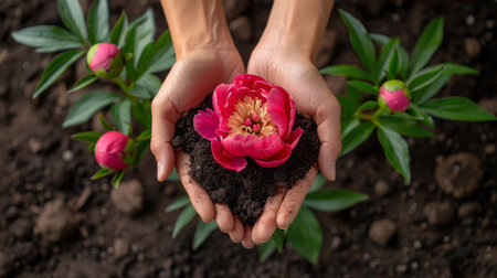 Woman holding peony plant in soil, closeup. Gardening conceptの素材