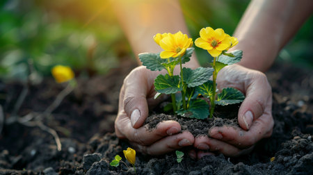 Close up of female hands planting small yellow flowers in the ground.の素材