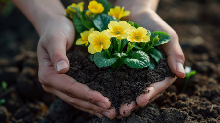 Close up of female hands holding yellow primula flowers growing in soilの素材