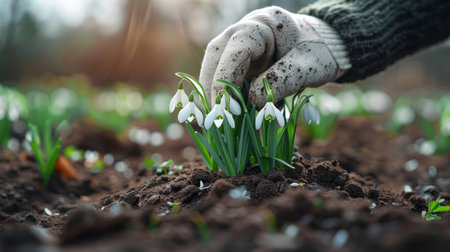 Close-up of a woman's hand planting snowdrop flowers in the gardenの素材