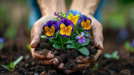 Close up of female hands holding spring pansy flowers in the soilの素材