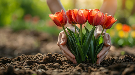Closeup of female hands holding tulip flowers in soil, outdoorsの素材