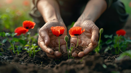 Hands of senior woman planting red poppies in the gardenの素材