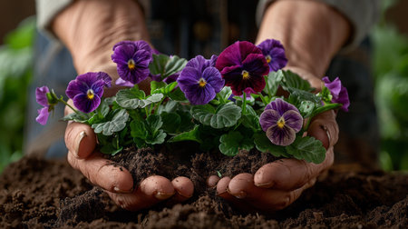 Close up of senior woman hands holding small viola flowers in soilの素材