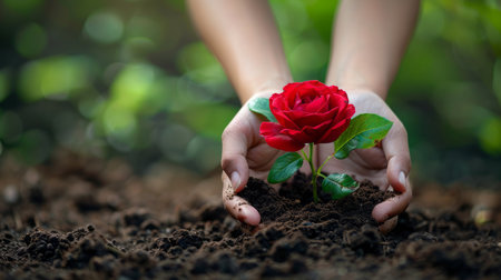 Woman hands planting red rose seedling in fertile soil with blurred backgroundの素材