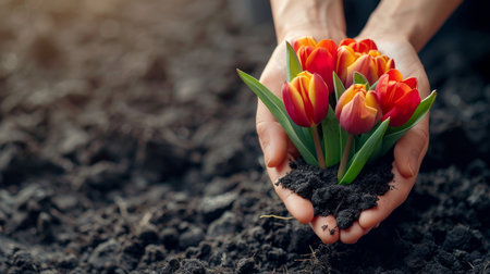 Woman hands planting tulip flowers in soil. Gardening concept.の素材