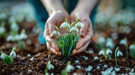 Close-up of woman's hands planting snowdrop flowers in the gardenの素材