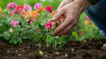 Close-up of female hands planting flowers in the garden. Gardening conceptの素材