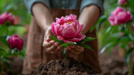 Close up of woman hands holding pink peony flower in garden.の素材