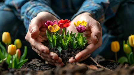 Cropped image of female hands holding tulips in soil on blurred backgroundの素材