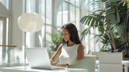 Beautiful african american businesswoman working with laptop in officeの素材