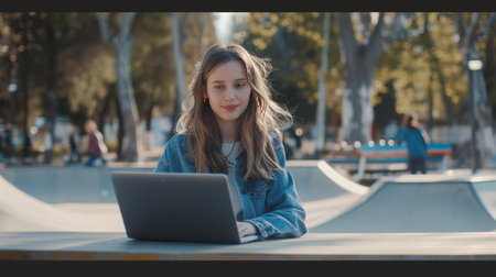 Beautiful young woman using laptop computer while sitting at the skate parkの素材