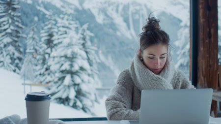Young woman in winter clothes sitting at the table with laptop on the background of snowy mountainsの素材