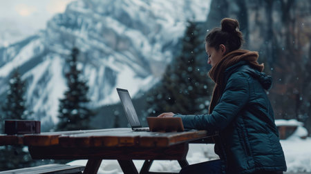Young woman with a laptop in the mountains on the background of snowの素材
