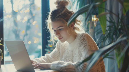 Young beautiful woman sitting in cafe and using laptop. Freelance concept.の素材