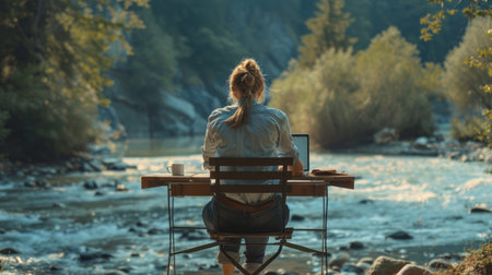 Young woman sitting at the table and drinking coffee on the background of a mountain riverの素材