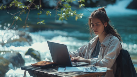 Beautiful young woman working on laptop computer while sitting in front of the waterfallの素材