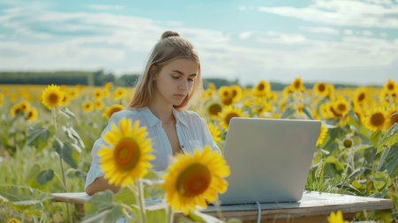 Young beautiful woman with a laptop in a field of sunflowersの素材