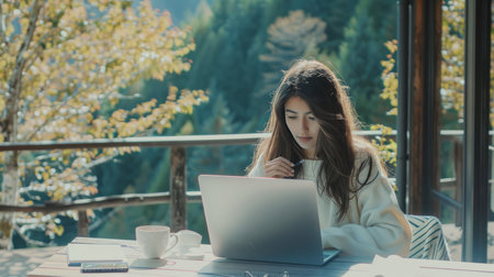 Beautiful young brunette woman working on laptop in outdoor cafe.の素材