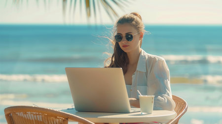 Young woman working on laptop and drinking coffee on the beach in summerの素材