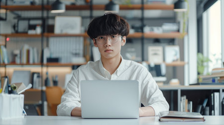 young asian businesswoman in eyeglasses working on laptop at officeの素材