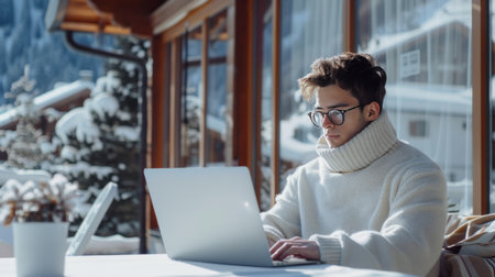 Young man in glasses working on laptop in outdoor cafe. Winter vacation.の素材