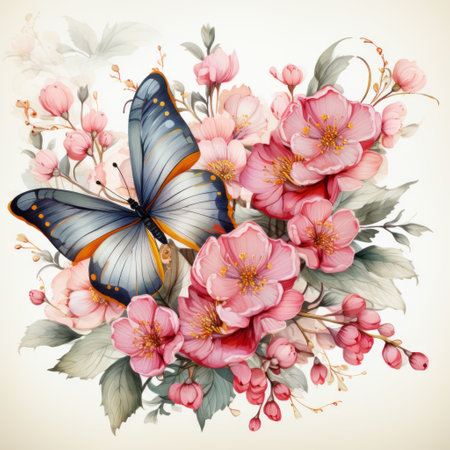 Bouquet of pink flowers with butterfly. Floral background.の素材