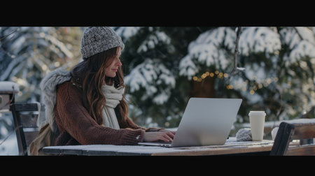 Young woman using a laptop computer in a snow covered winter park.の素材