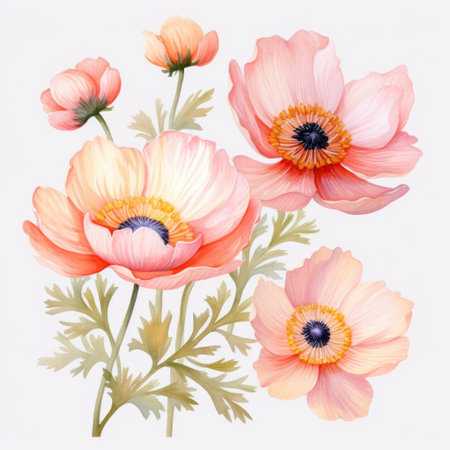 watercolor illustration of anemone flowers, floral composition on white backgroundの素材
