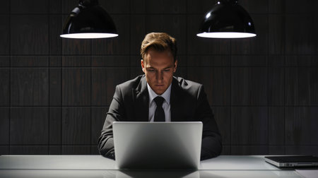 Portrait of young businessman working on laptop computer in dark office.の素材