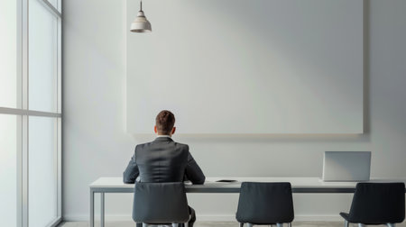 Rear view of a young businessman sitting at a table in a modern office with a large panoramic window. 3d rendering mock upの素材
