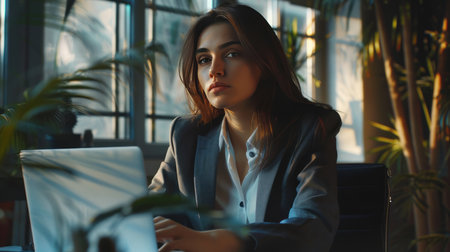 Portrait of a young businesswoman sitting at the desk in the officeの素材