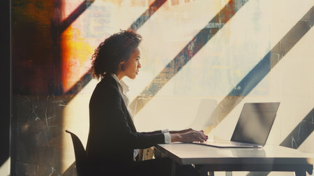 Side view of businesswoman using laptop while sitting at desk in officeの素材