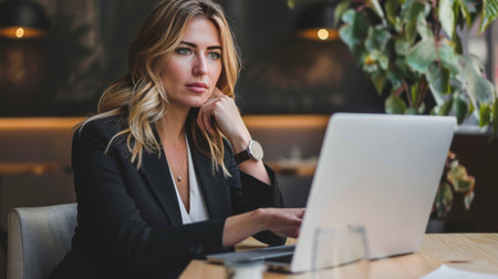 Portrait of beautiful businesswoman working on laptop in a cafe.の素材