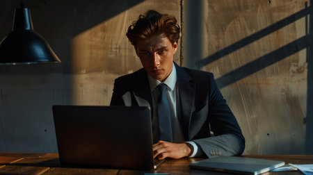 Serious young businessman working on laptop in office. Businessman looking at camera.