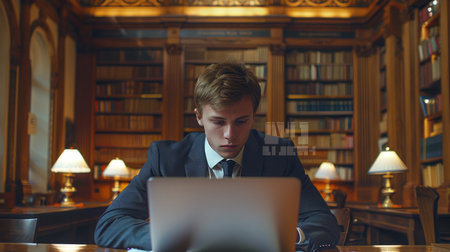 Serious businessman working on laptop in library. Concentrated young man in formalwear sitting at table and working on computer. Education conceptの素材