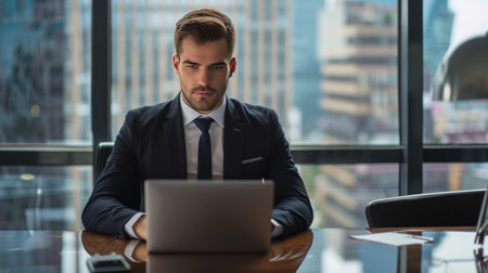 Portrait of young businessman working on laptop computer while sitting in office