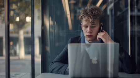 Young businessman talking on mobile phone while sitting at table in office.の素材