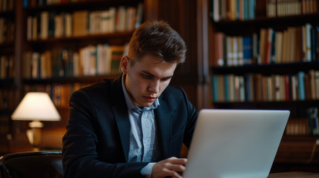 Serious young man working on laptop computer while sitting in library.の素材