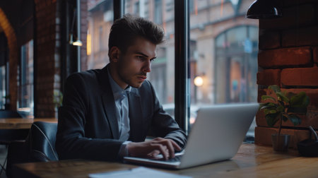 Serious young businessman working on laptop while sitting at table in cafeの素材